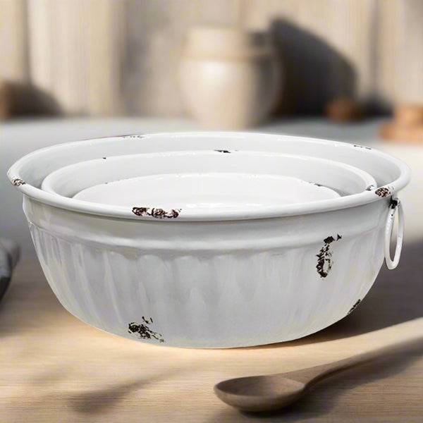 3 piece distressed white metal kitchen bowls