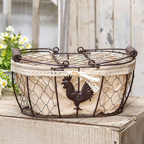 rooster fabric lined wire picnic basket