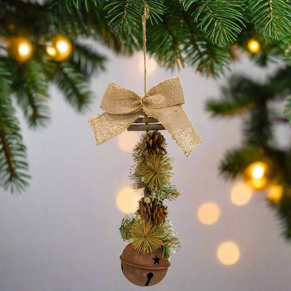 pine cones and rusty jingle bell ornaments
