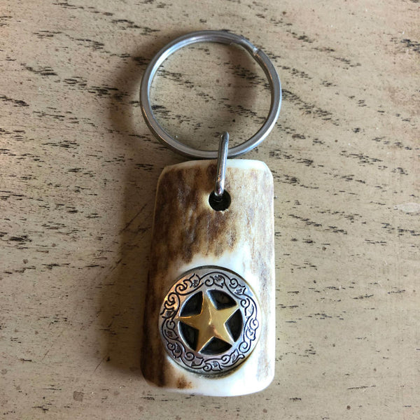Natural Deer Antler Brass Star Concho Keyring K1002 | Buffalo
