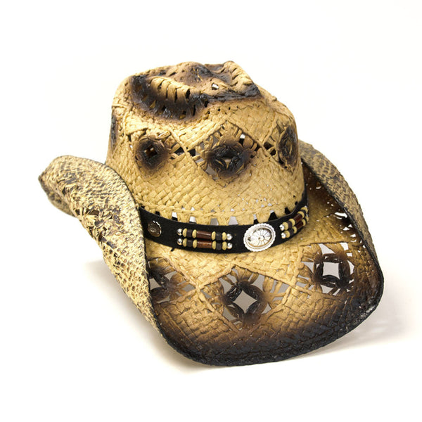 Tan & Brown Straw Western Hat with Beaded Concho Hat Band  display picture 2
