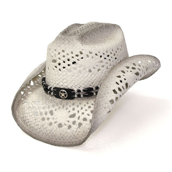 White & Gray Straw Western Hat with Beaded Texas Star Hat  display picture 3
