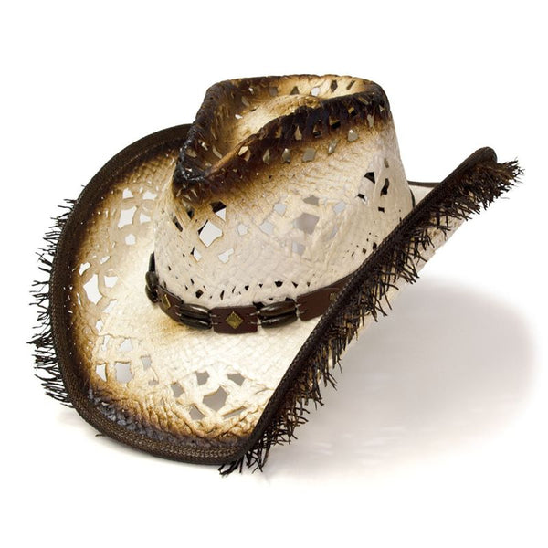White & Tan Frayed Western Pinch Front Hat LIN-84 | Buffalo