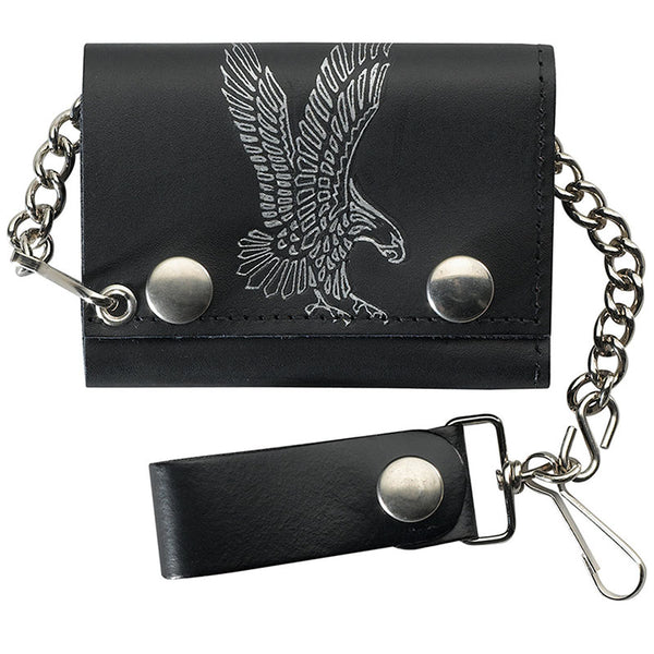 black leather trifold flying eagle chain wallet