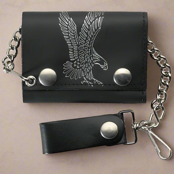 black leather trifold flying eagle chain wallet
