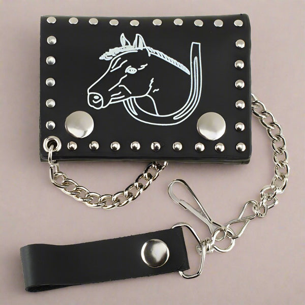 black leather trifold white horse chain wallet