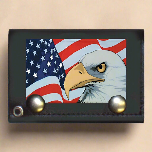 black leather trifold eagle & american flag chain wallet