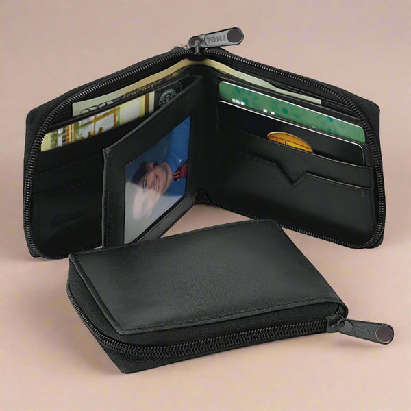 compact zippered bifold wallet