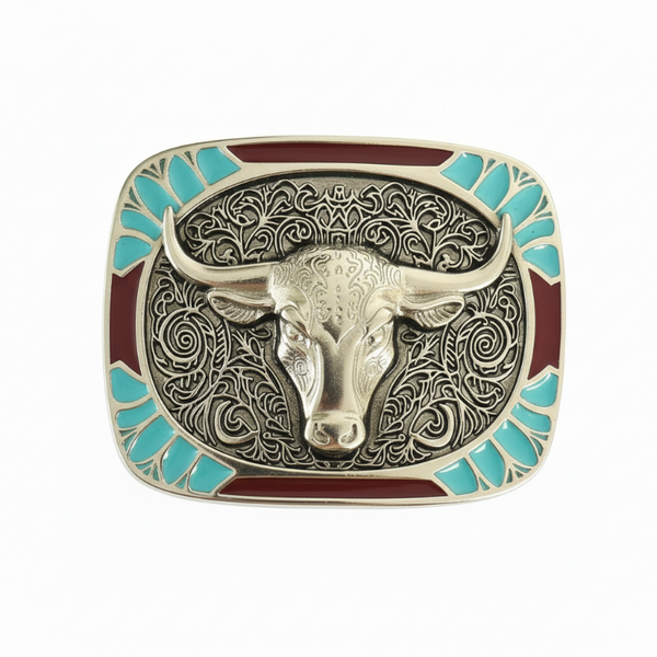 Turquoise & Coral Silver Steer Head Square Belt Buckle TBB5006