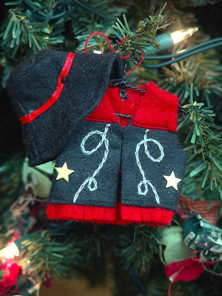 felt cowboy hat and vest on hanger christmas ornament