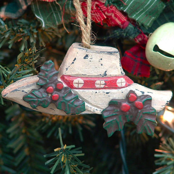 happy holly day cowboy hat christmas ornament