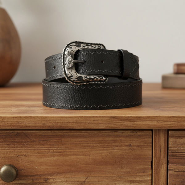 western arrow tip stitch top grain black leather belt