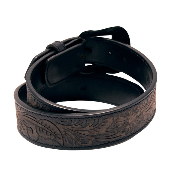 Floral Tooled Top Grain Black Leather Belt XM-2600-BK06S