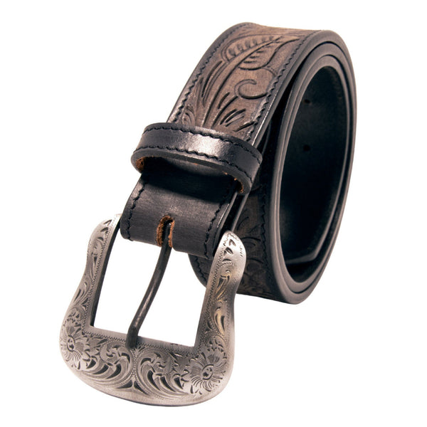 Floral Tooled Top Grain Black Leather Belt XM-2600-BK06S | Buffalo