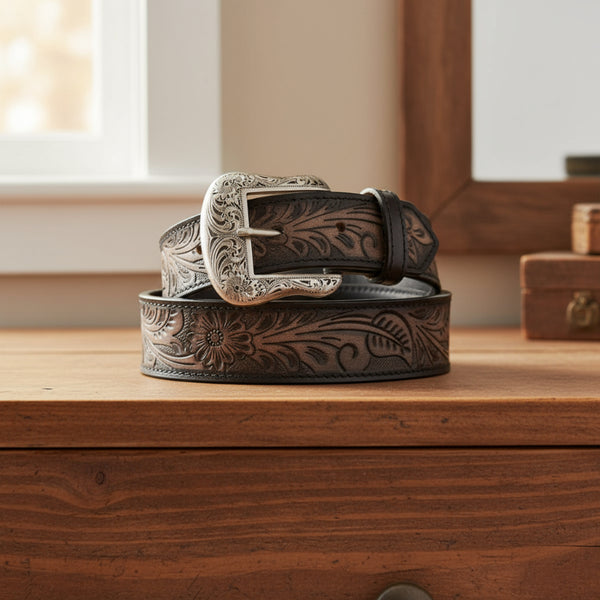 floral tooled top grain black leather belt