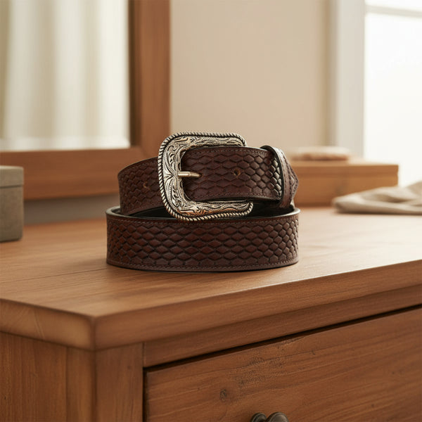 snake skin pattern top grain brown leather belt