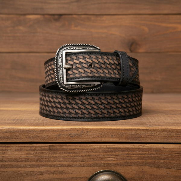 tooled basket weave top grain black leather belt