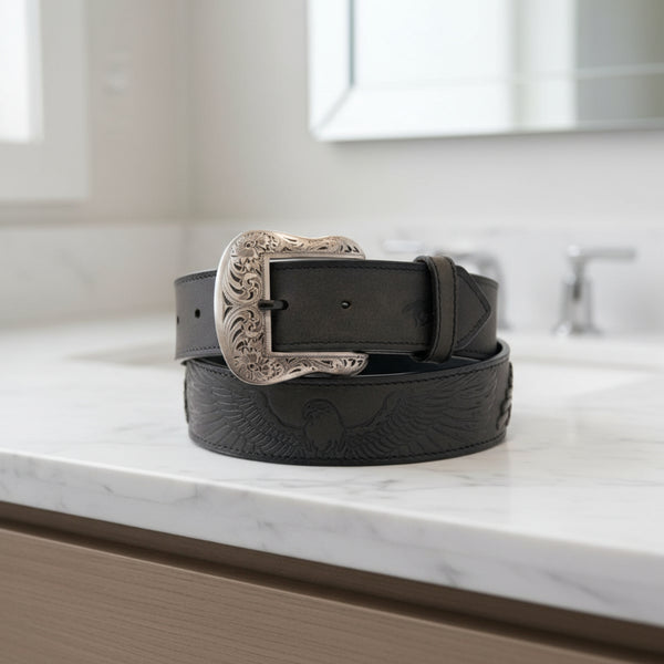 embossed eagle top grain black leather belt