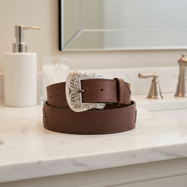 embossed eagle top grain brown leather belt