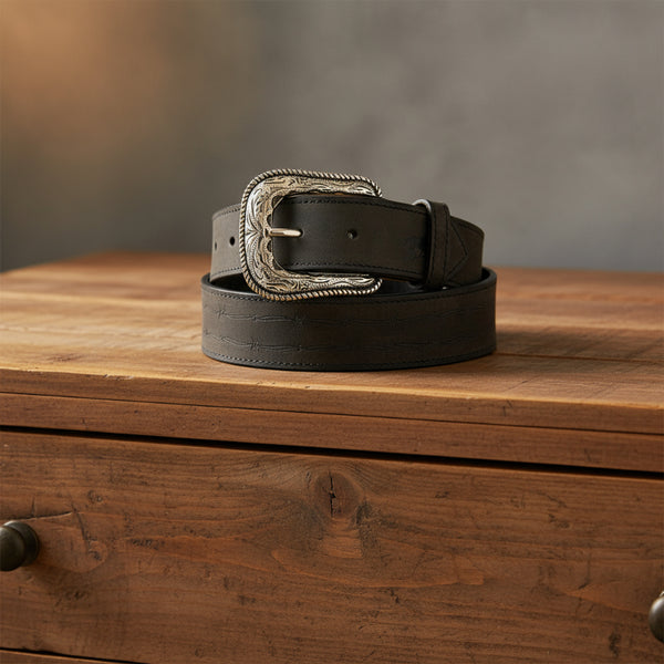 barbed wire top grain black leather belt