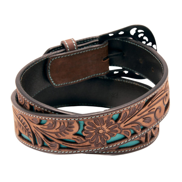 Floral Tooled Cutout Top Grain Brown Leather Belt XM-4400  display picture 1