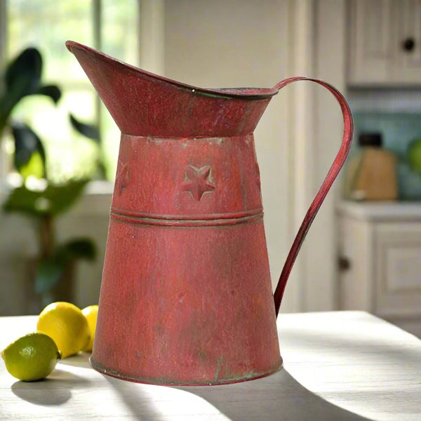 rustic red star metal pitcher vase