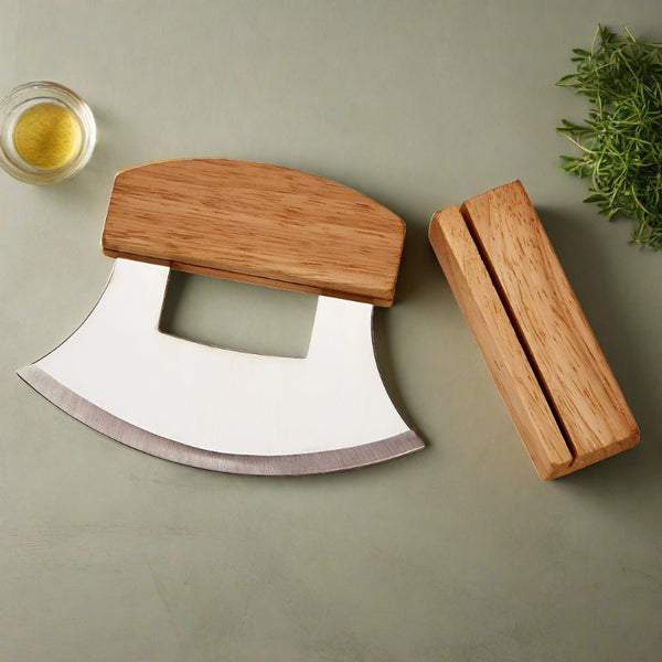 stainless steel ulu knife with wooden stand