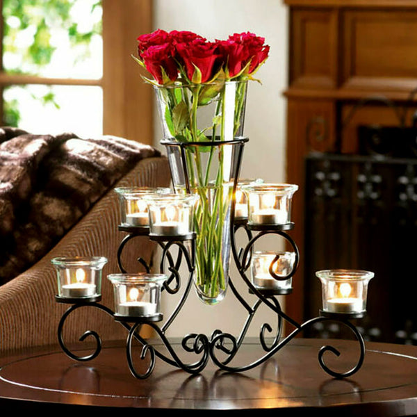 wrought iron scrollwork centerpiece candle stand with vase