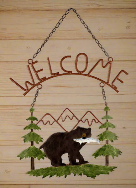 bear with fish mountain scene welcome sign