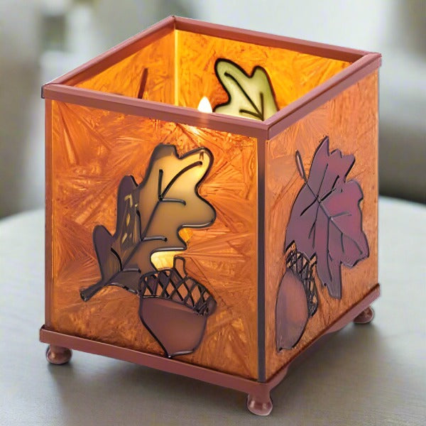 harvest leaves stained glass candleholder