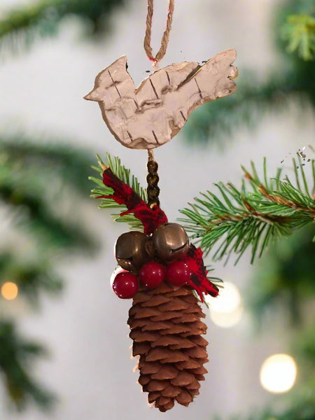woodland pine cone & bird christmas ornament