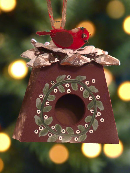 red woodland bird house christmas ornament