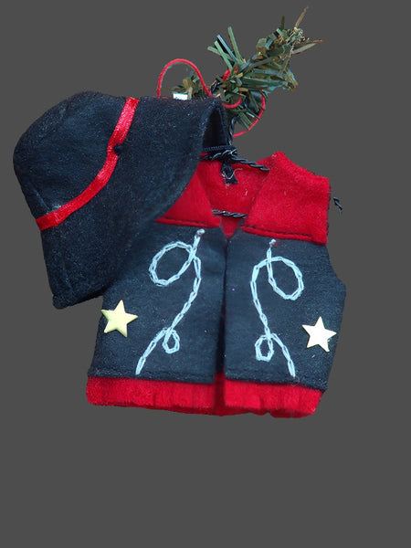 felt cowboy hat and vest on hanger christmas ornament