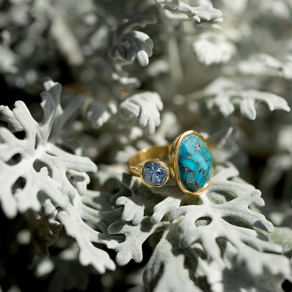 14k gold blue topaz and turquoise ring