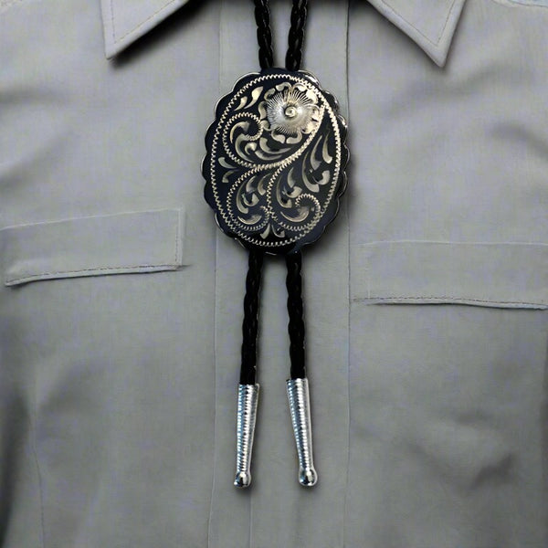 scalloped oval german silver engraved bolo tie
