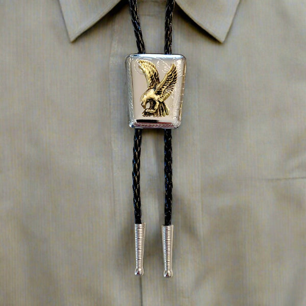 gold and silver eagle shield bolo tie