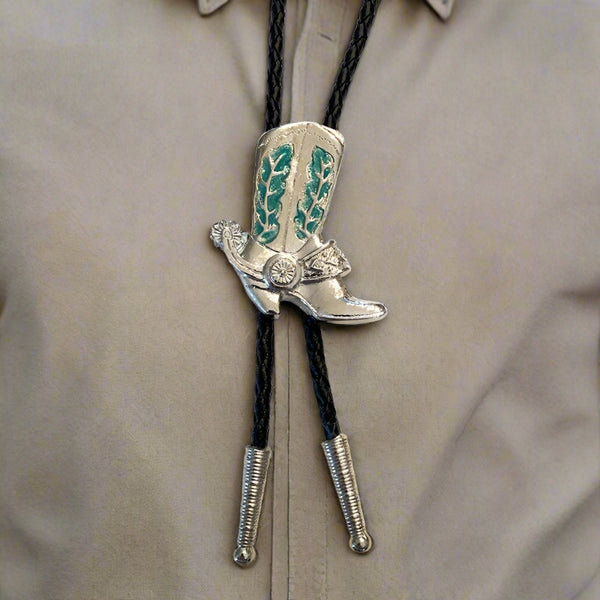 silver boot turquoise cactus bolo tie