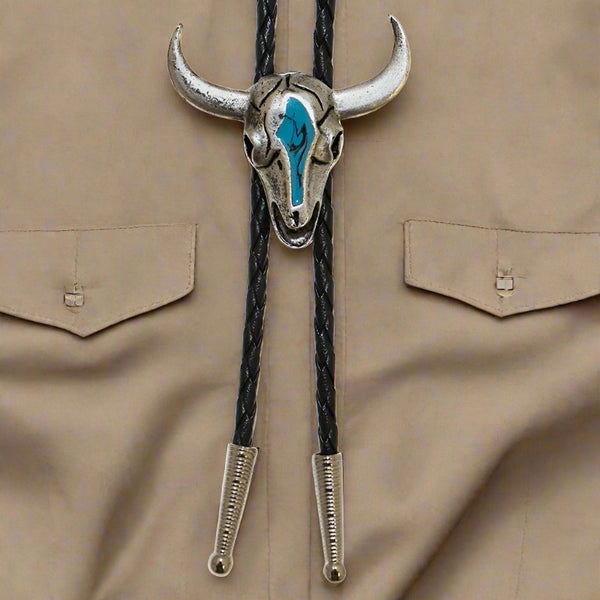steer skull turquoise enamel bolo tie