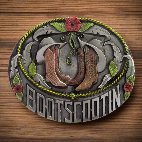bootscootin enamel and pewter belt buckle