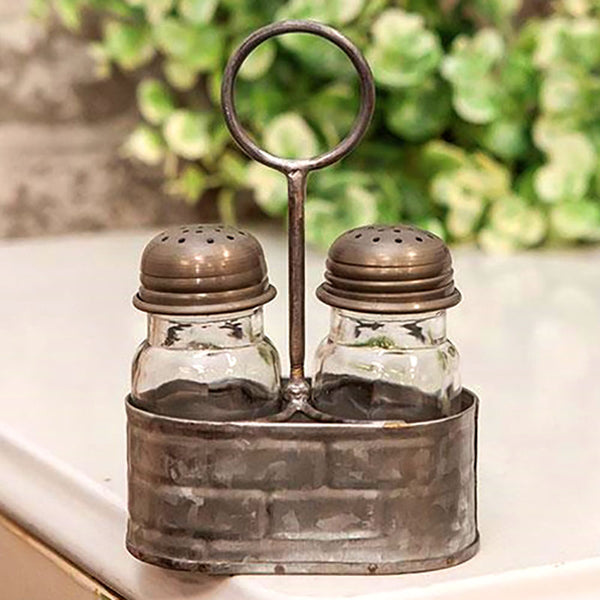 embossed salt and pepper shakers with galvanized caddy