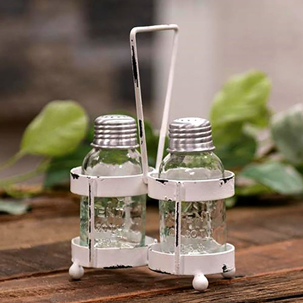 whitewash salt and pepper shakers with caddy