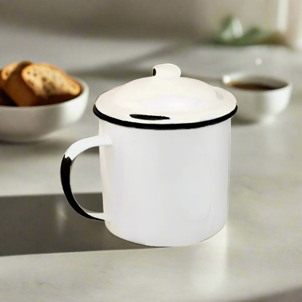 small baked enamel mug with lid