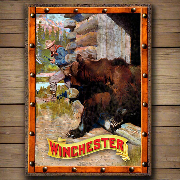 winchester cowboy and grizzly bear tin sign
