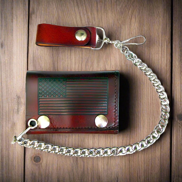 american flag brown leather chain wallet