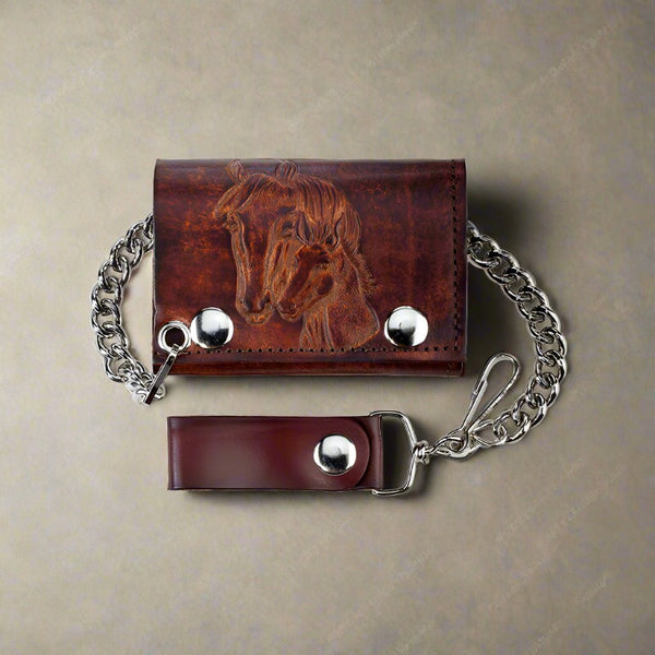 antique embossed trifold horses bikers wallet with chain