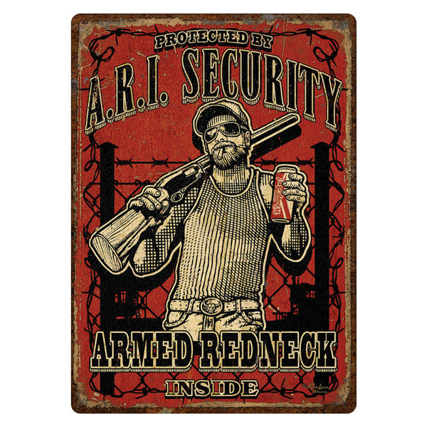 armed redneck inside tin sign