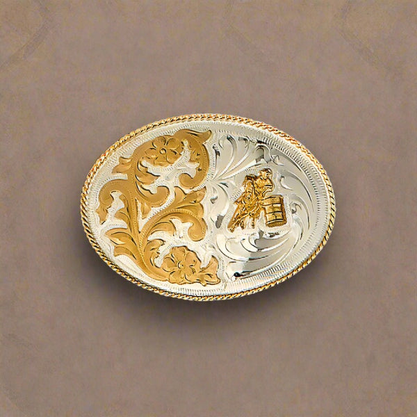 barrel racer german silver & gold floral scrolls belt buckle