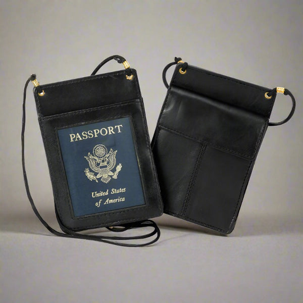 black leather passport wallet with lanyard