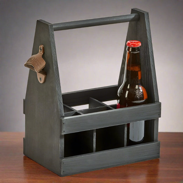 black wooden 6 bottle beverage caddy and opener