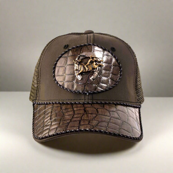 brown alligator leather horseshoe and bull rider baseball cap
